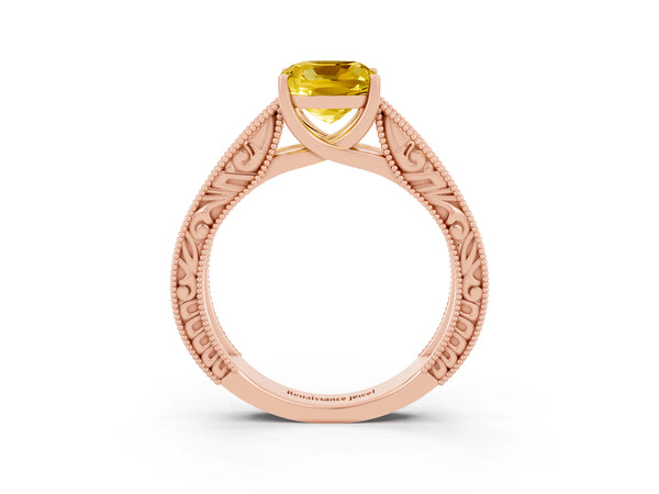 Rose gold Cushion Cut Yellow Sapphire Solitaire Ring with Engraved Band and Four-Prong Setting