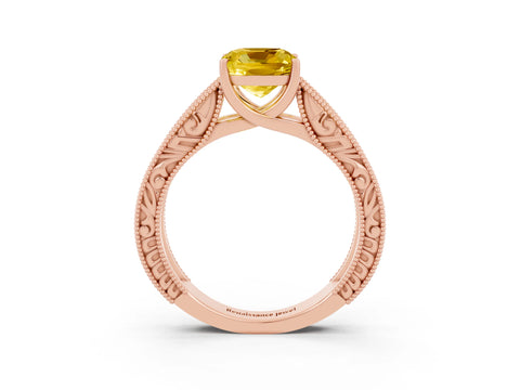 Rose gold Cushion Cut Yellow Sapphire Solitaire Ring with Engraved Band and Four-Prong Setting_3
