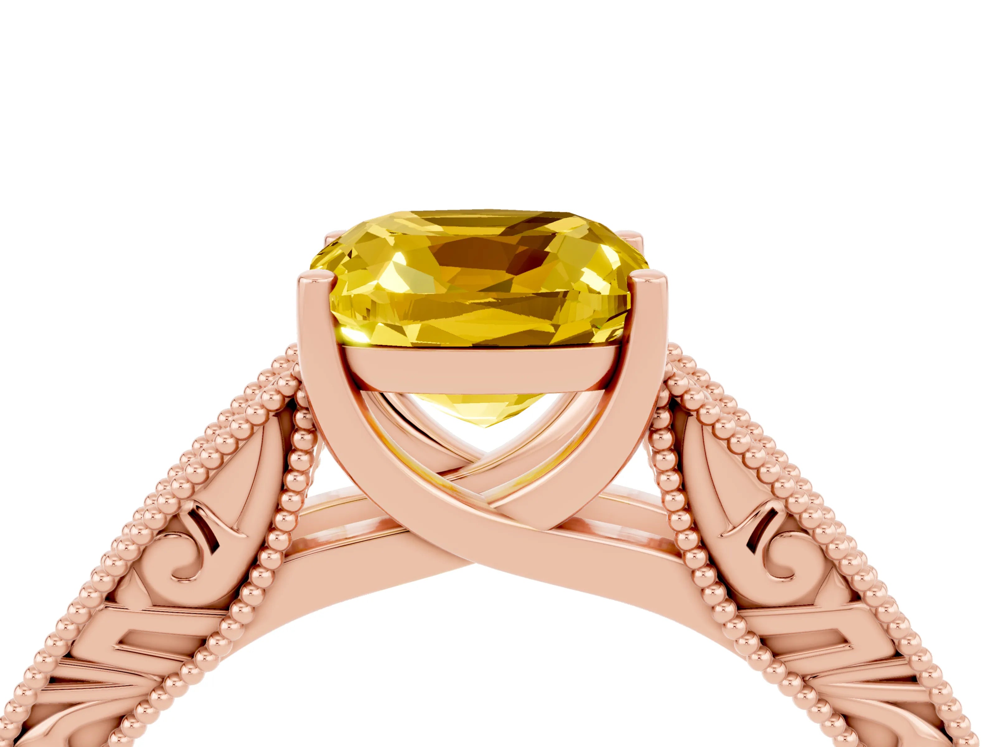Rose gold Cushion Cut Yellow Sapphire Solitaire Ring with Engraved Band and Four-Prong Setting_4
