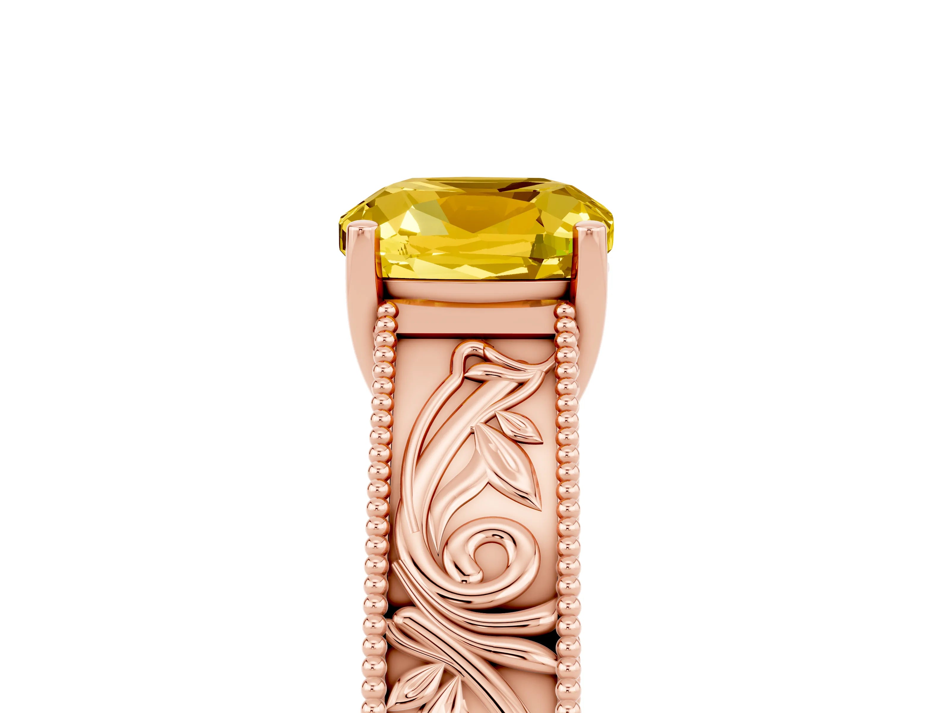 Rose gold Cushion Cut Yellow Sapphire Solitaire Ring with Engraved Band and Four-Prong Setting_5