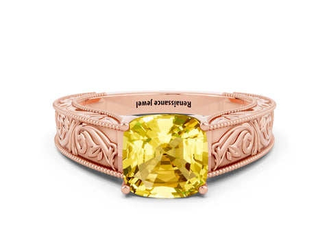 Rose gold Cushion Cut Yellow Sapphire Solitaire Ring with Engraved Band and Four-Prong Setting
