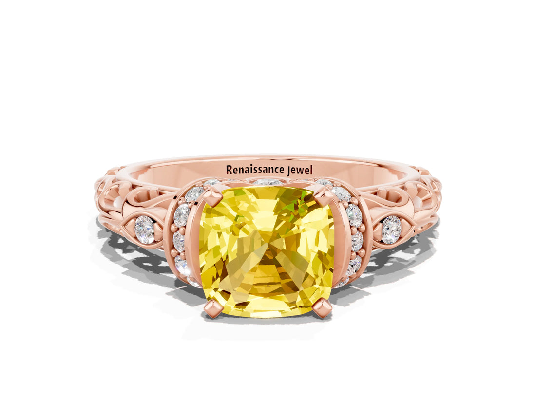 Rose gold Cushion Cut Yellow Sapphire Solitaire Ring with Filigree Band and Four-Prong Setting_48