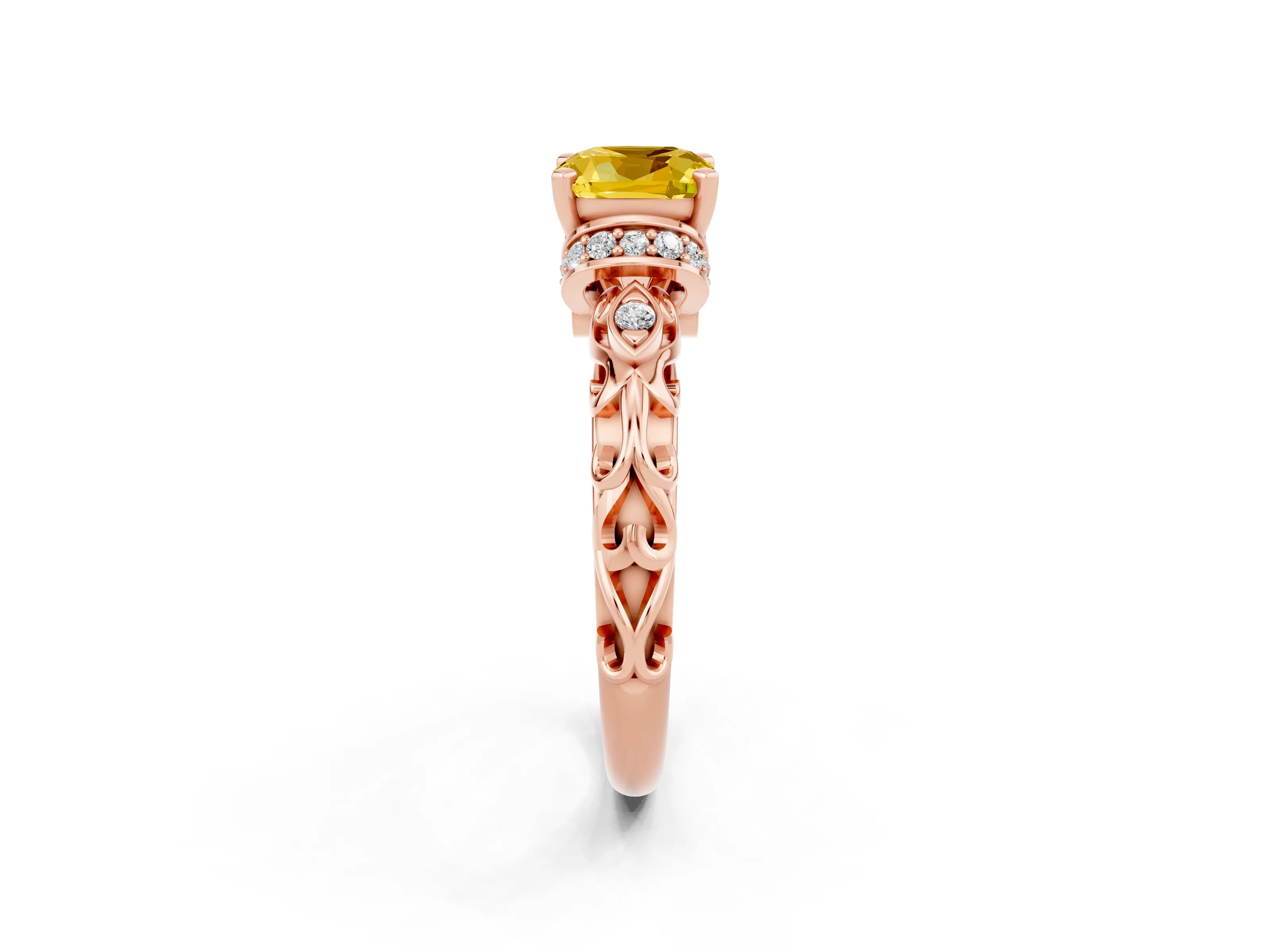Rose gold Cushion Cut Yellow Sapphire Solitaire Ring with Filigree Band and Four-Prong Setting_50