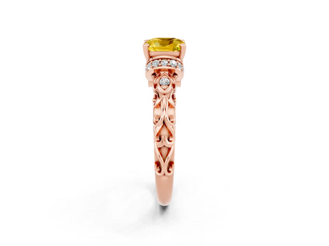 Rose gold Cushion Cut Yellow Sapphire Solitaire Ring with Filigree Band and Four-Prong Setting_50