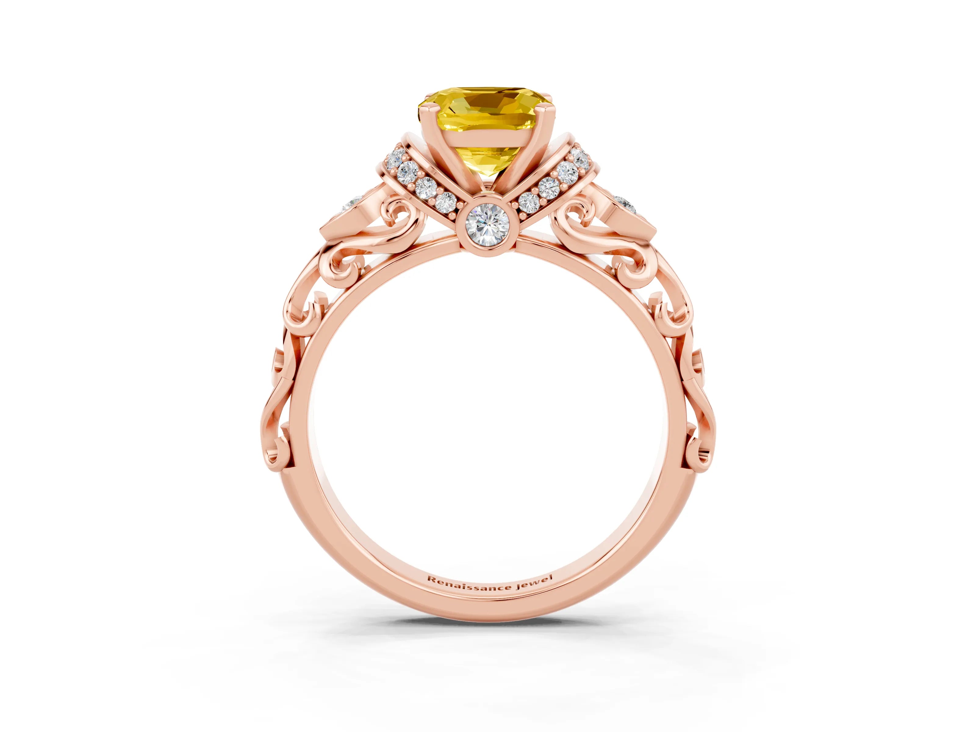 Rose gold Cushion Cut Yellow Sapphire Solitaire Ring with Filigree Band and Four-Prong Setting_51