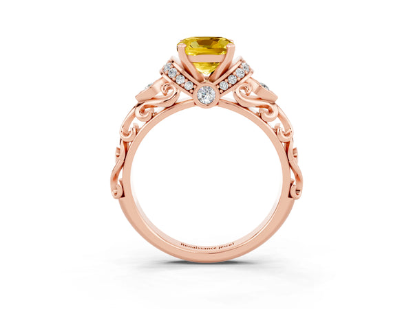 Rose gold Cushion Cut Yellow Sapphire Solitaire Ring with Filigree Band and Four-Prong Setting