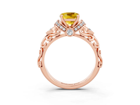 Rose gold Cushion Cut Yellow Sapphire Solitaire Ring with Filigree Band and Four-Prong Setting_51