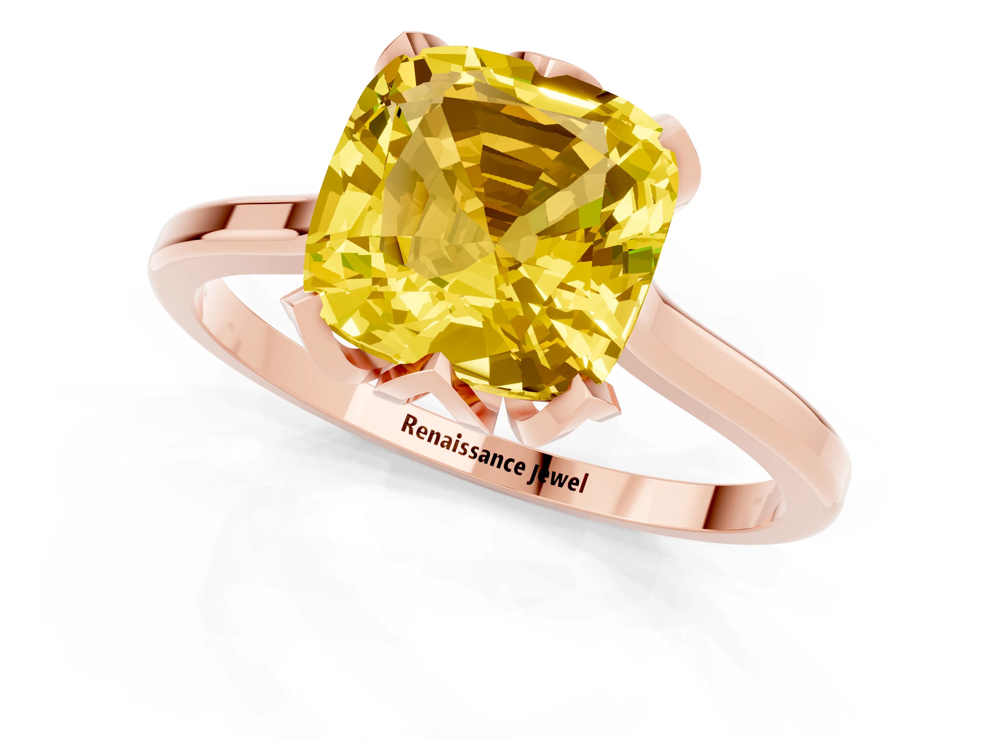 Rose gold Cushion Cut Yellow Sapphire Solitaire Ring with Flower Prong Setting and Classic Band_13