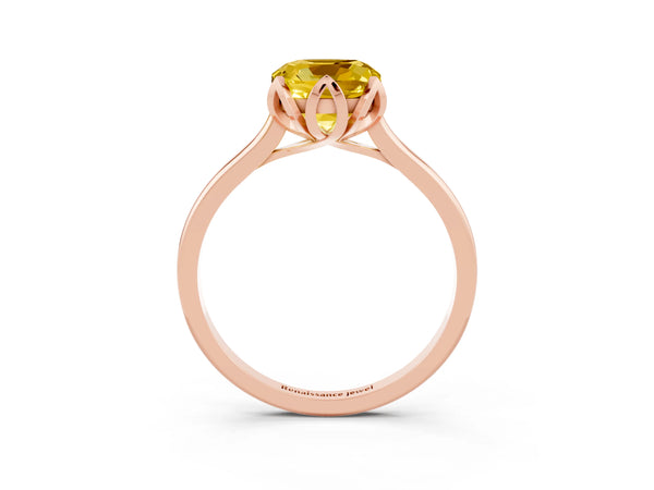 Rose gold Cushion Cut Yellow Sapphire Solitaire Ring with Flower Prong Setting and Classic Band