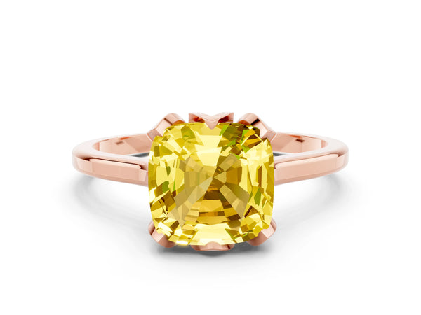 Rose gold Cushion Cut Yellow Sapphire Solitaire Ring with Flower Prong Setting and Classic Band