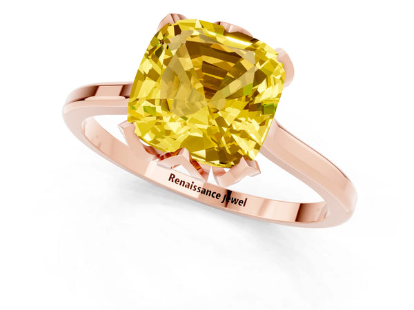 Rose gold Cushion Cut Yellow Sapphire Solitaire Ring with Flower Prong Setting and Classic Band