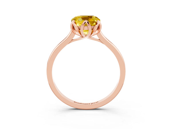 Rose gold Cushion Cut Yellow Sapphire Solitaire Ring with Flower Prong Setting and Classic Band
