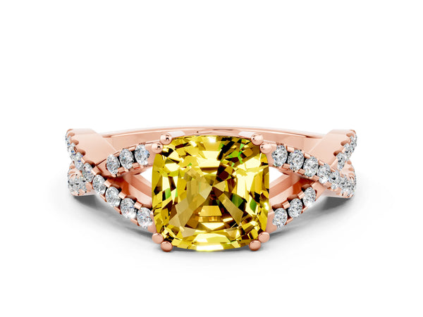 Rose gold Cushion Cut Yellow Sapphire Solitaire Ring with Four-Prong Setting and Twisted Pavé Band