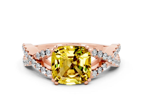 Rose gold Cushion Cut Yellow Sapphire Solitaire Ring with Four-Prong Setting and Twisted Pavé Band_12