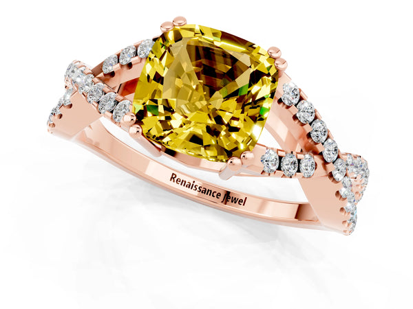 Rose gold Cushion Cut Yellow Sapphire Solitaire Ring with Four-Prong Setting and Twisted Pavé Band
