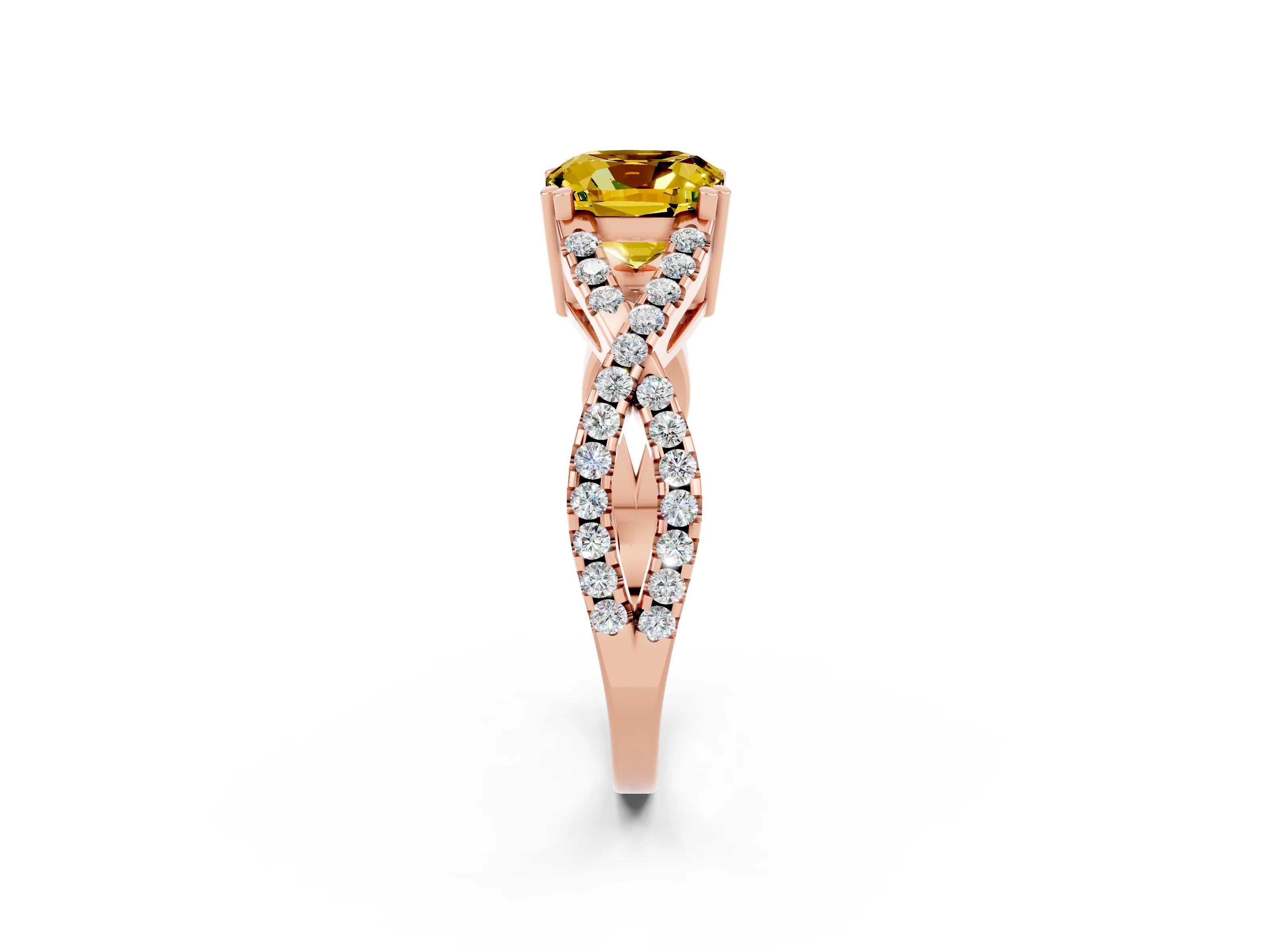 Rose gold Cushion Cut Yellow Sapphire Solitaire Ring with Four-Prong Setting and Twisted Pavé Band_14