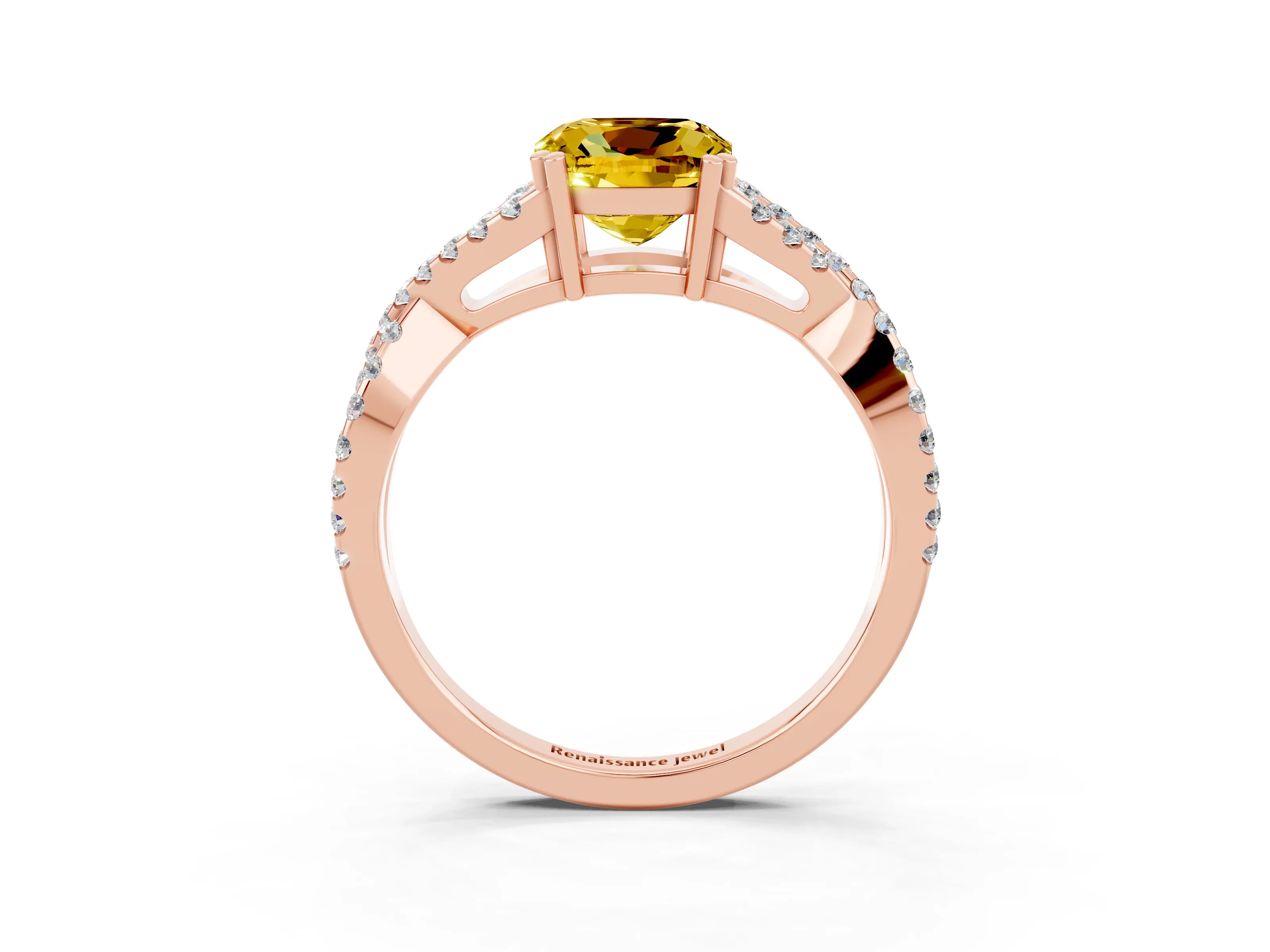 Rose gold Cushion Cut Yellow Sapphire Solitaire Ring with Four-Prong Setting and Twisted Pavé Band_15