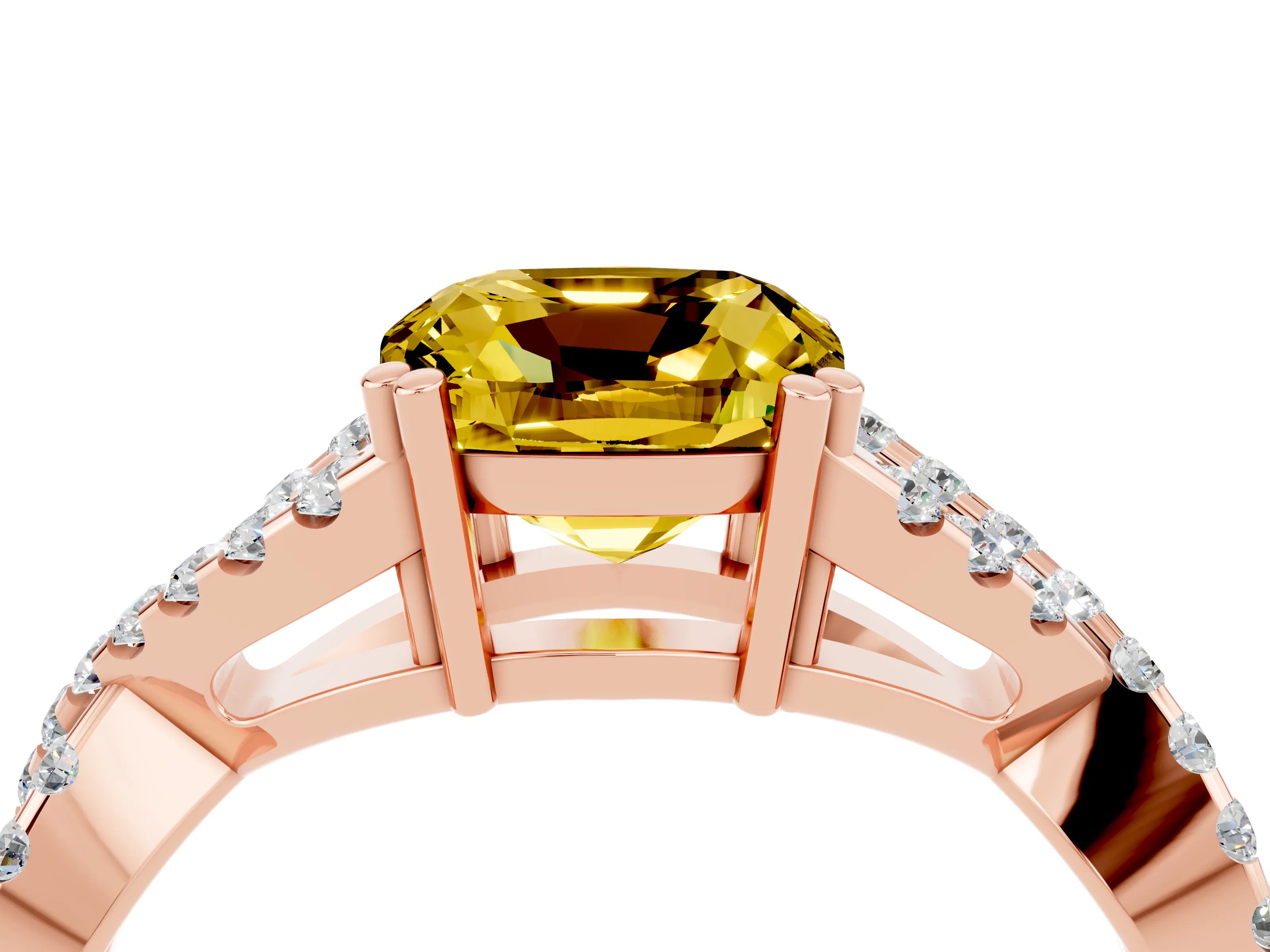 Rose gold Cushion Cut Yellow Sapphire Solitaire Ring with Four-Prong Setting and Twisted Pavé Band_16