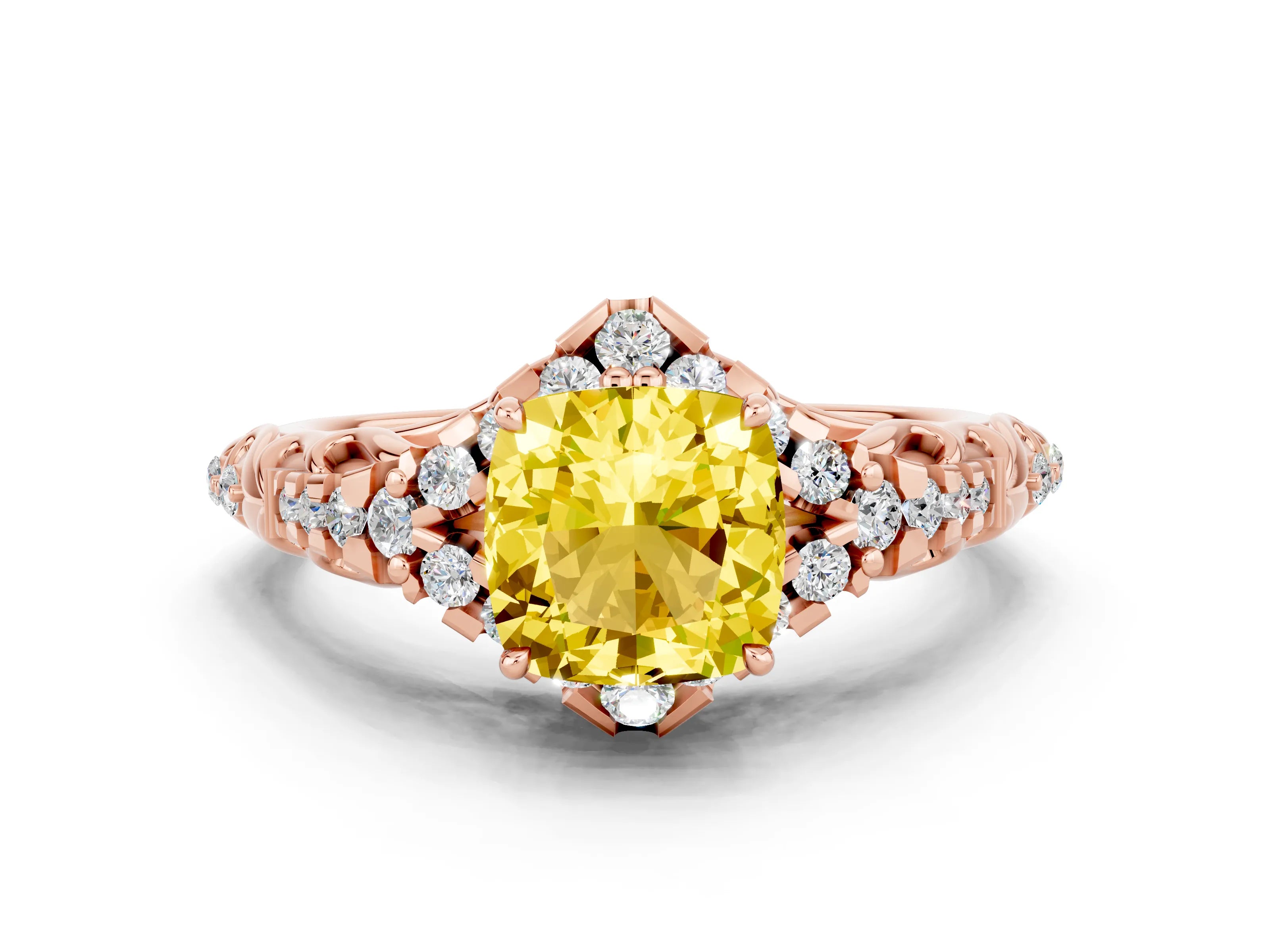Rose gold Cushion Cut Yellow Sapphire Solitaire Ring with Hidden Halo and Pavé Band_12