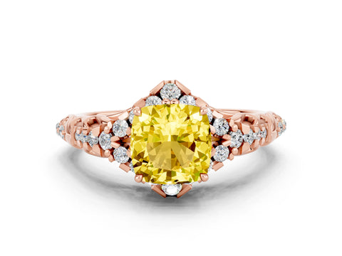 Rose gold Cushion Cut Yellow Sapphire Solitaire Ring with Hidden Halo and Pavé Band_12