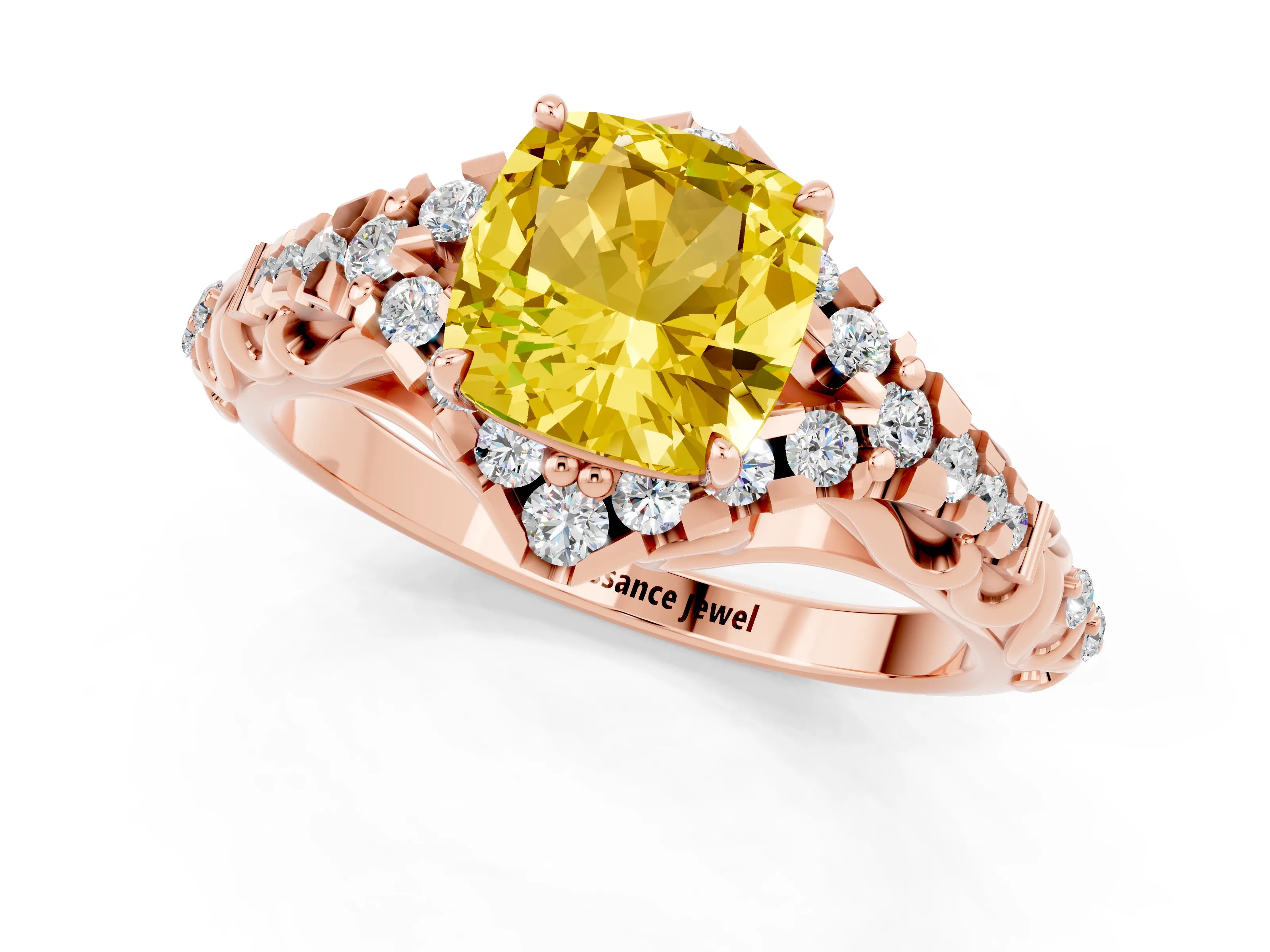 Rose gold Cushion Cut Yellow Sapphire Solitaire Ring with Hidden Halo and Pavé Band_13