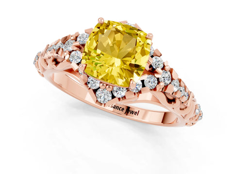 Rose gold Cushion Cut Yellow Sapphire Solitaire Ring with Hidden Halo and Pavé Band_13