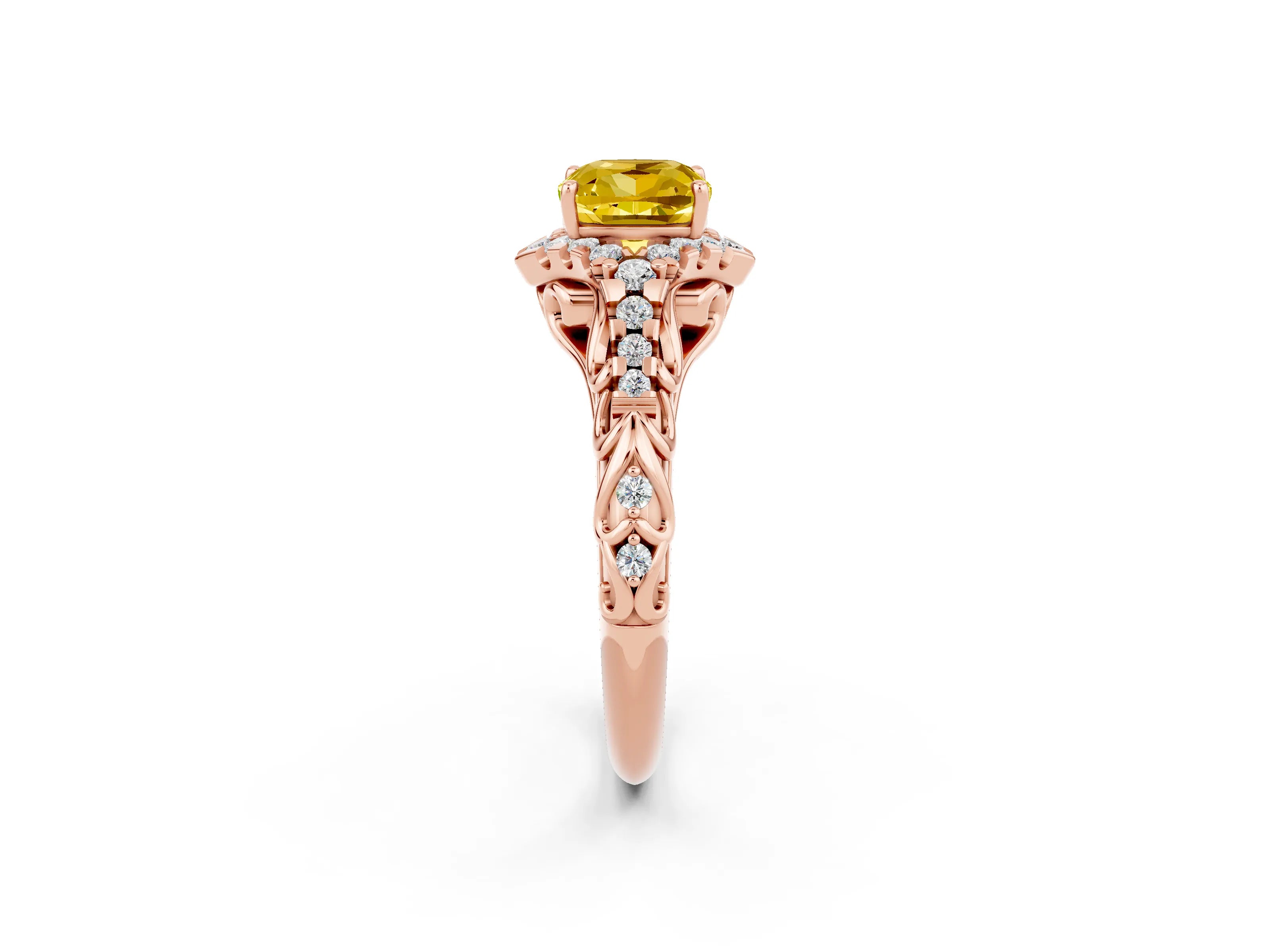 Rose gold Cushion Cut Yellow Sapphire Solitaire Ring with Hidden Halo and Pavé Band_14
