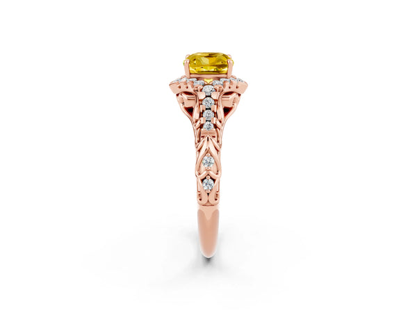 Rose gold Cushion Cut Yellow Sapphire Solitaire Ring with Hidden Halo and Pavé Band