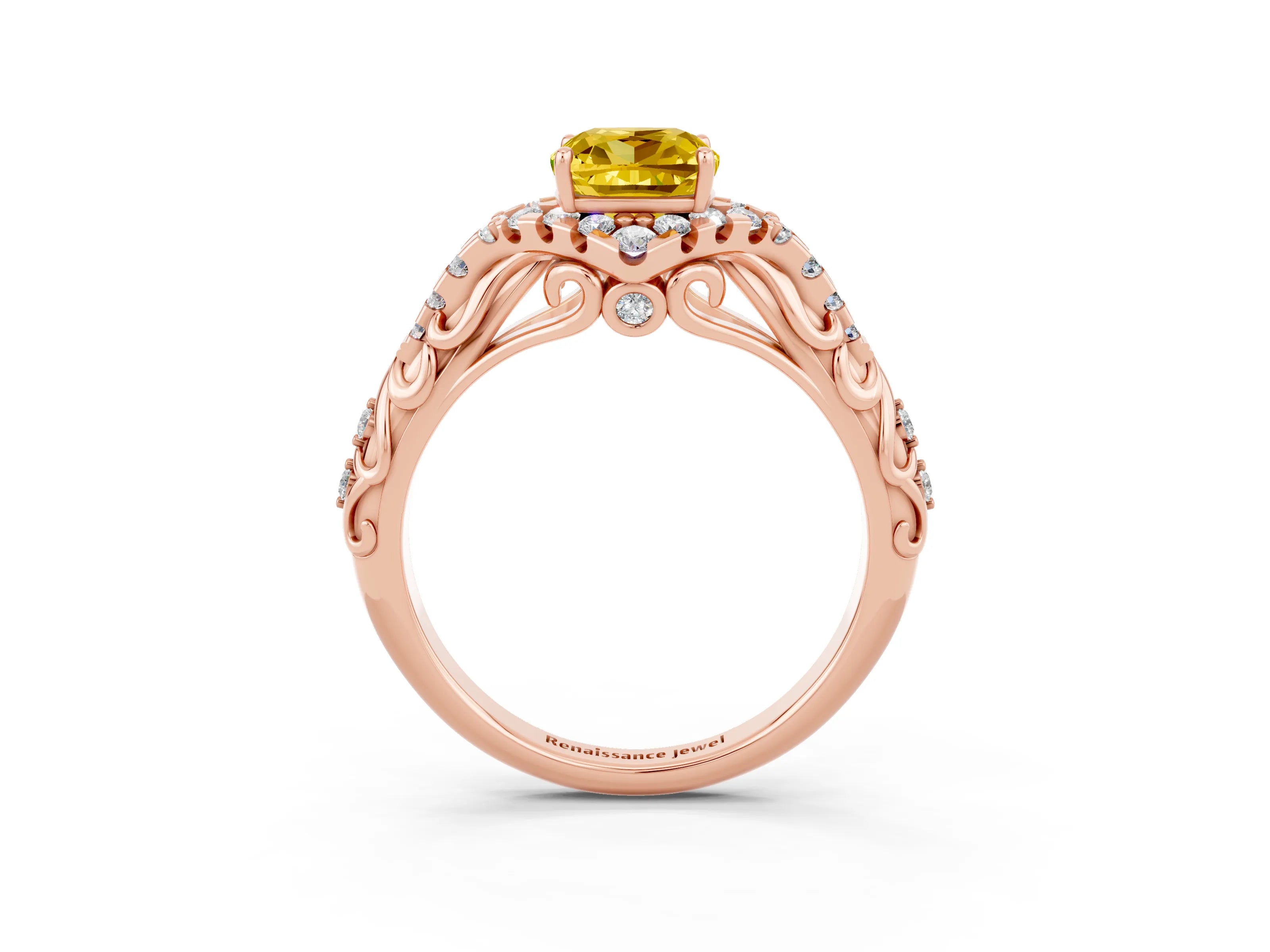 Rose gold Cushion Cut Yellow Sapphire Solitaire Ring with Hidden Halo and Pavé Band_15