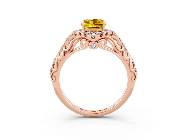 Rose gold Cushion Cut Yellow Sapphire Solitaire Ring with Hidden Halo and Pavé Band