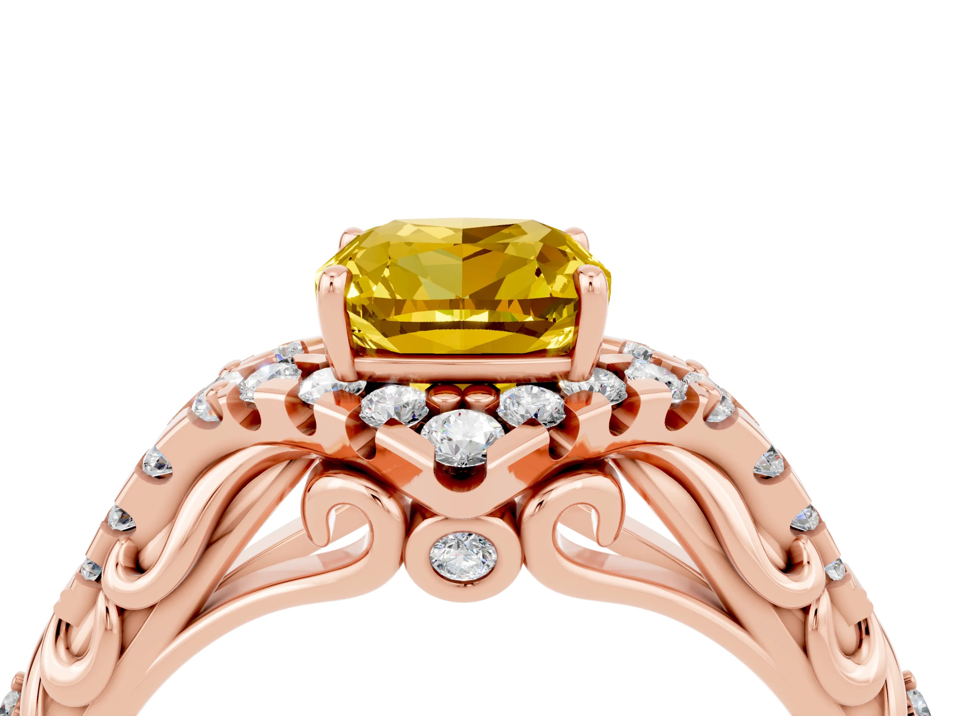 Rose gold Cushion Cut Yellow Sapphire Solitaire Ring with Hidden Halo and Pavé Band_16