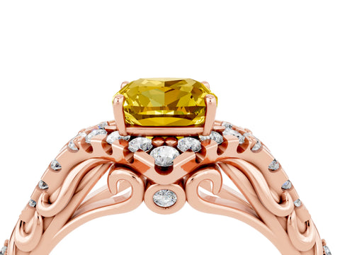 Rose gold Cushion Cut Yellow Sapphire Solitaire Ring with Hidden Halo and Pavé Band_16