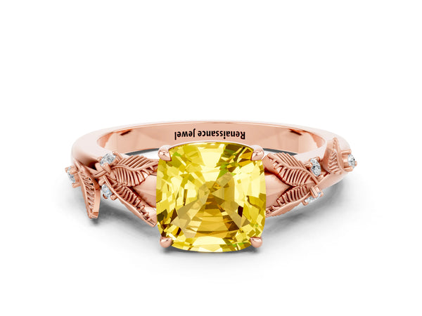 Rose gold Cushion Cut Yellow Sapphire Solitaire Ring with Leaf Motif Band and Four-Prong Setting