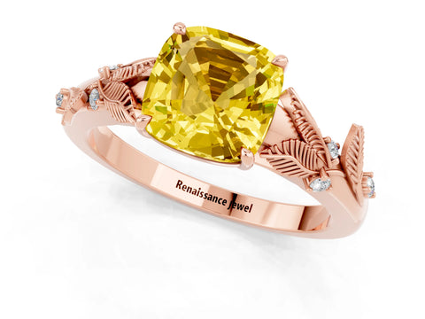 Rose gold Cushion Cut Yellow Sapphire Solitaire Ring with Leaf Motif Band and Four-Prong Setting_1