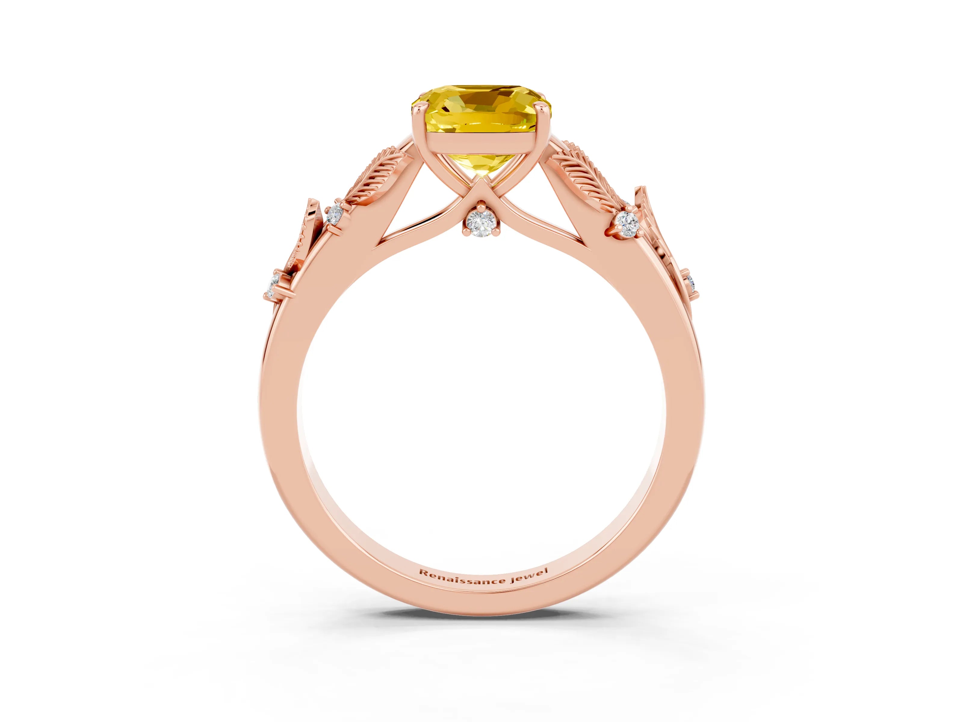 Rose gold Cushion Cut Yellow Sapphire Solitaire Ring with Leaf Motif Band and Four-Prong Setting_3