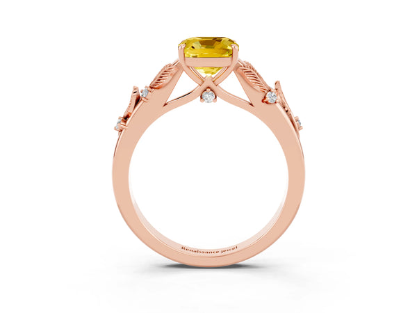 Rose gold Cushion Cut Yellow Sapphire Solitaire Ring with Leaf Motif Band and Four-Prong Setting
