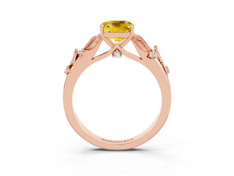 Rose gold Cushion Cut Yellow Sapphire Solitaire Ring with Leaf Motif Band and Four-Prong Setting_3