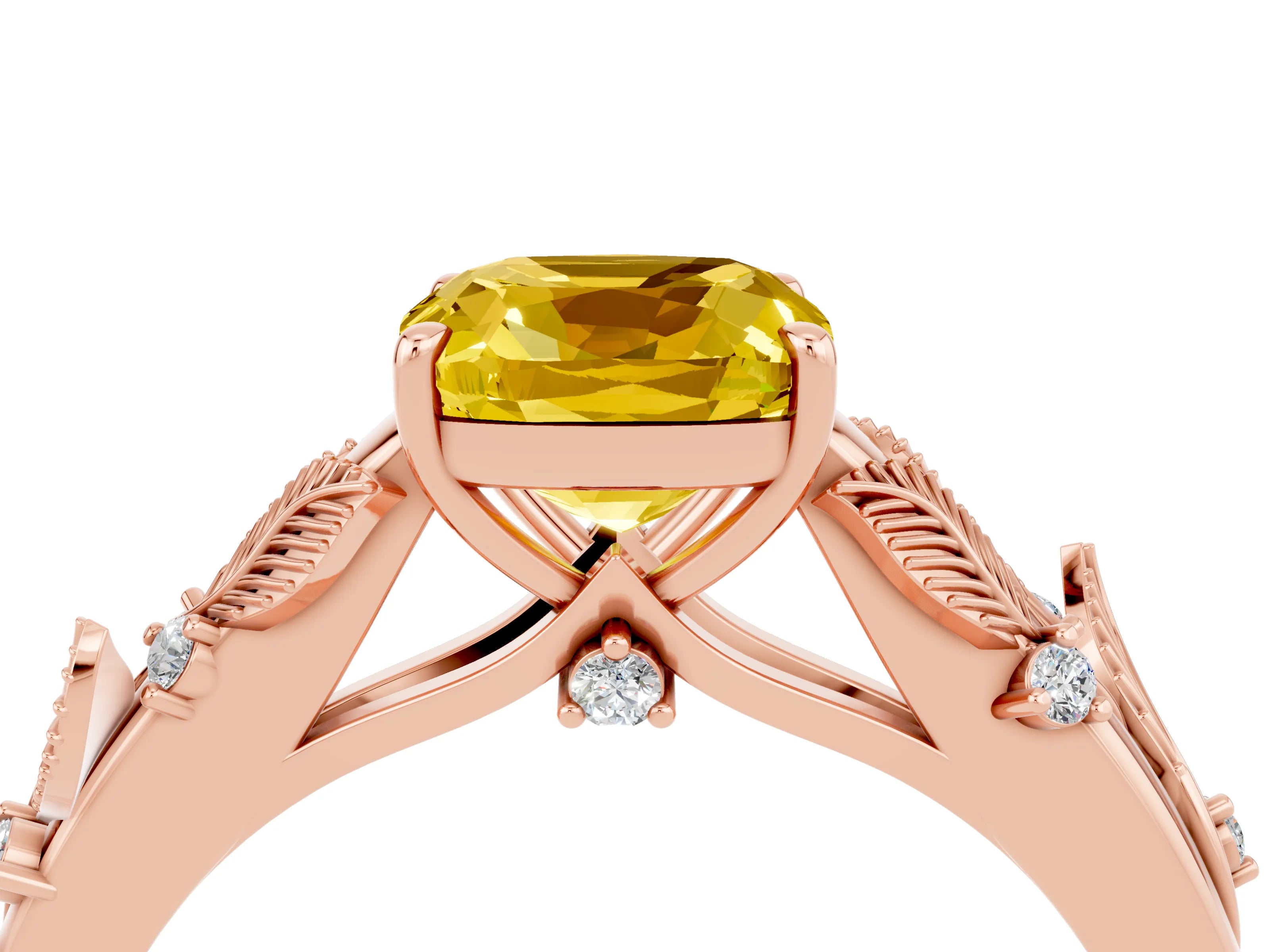 Rose gold Cushion Cut Yellow Sapphire Solitaire Ring with Leaf Motif Band and Four-Prong Setting_4
