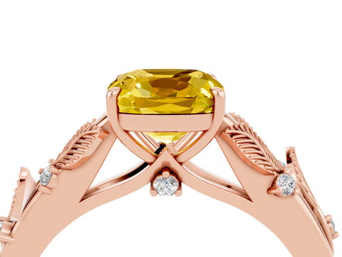 Rose gold Cushion Cut Yellow Sapphire Solitaire Ring with Leaf Motif Band and Four-Prong Setting_4