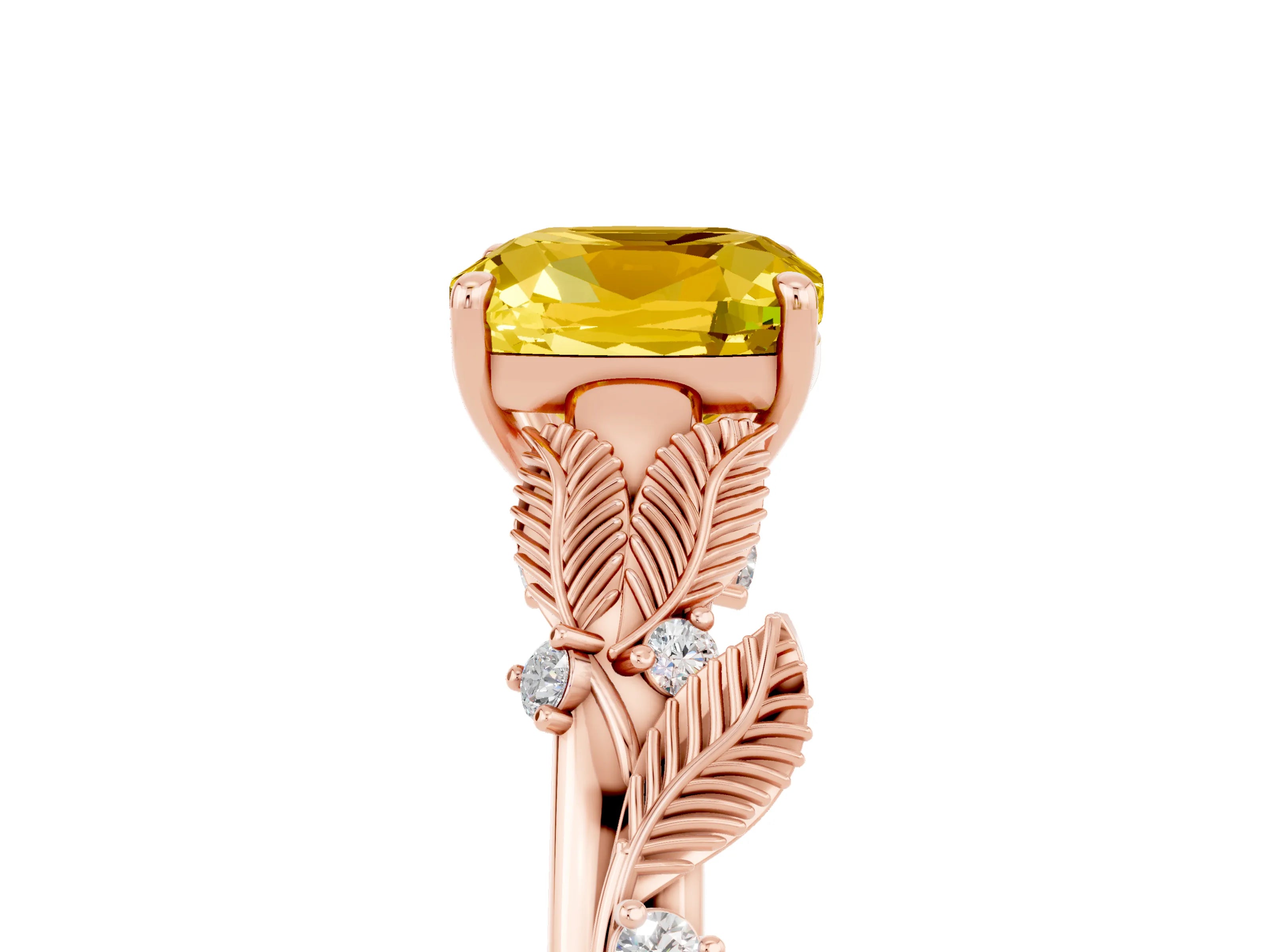 Rose gold Cushion Cut Yellow Sapphire Solitaire Ring with Leaf Motif Band and Four-Prong Setting_5