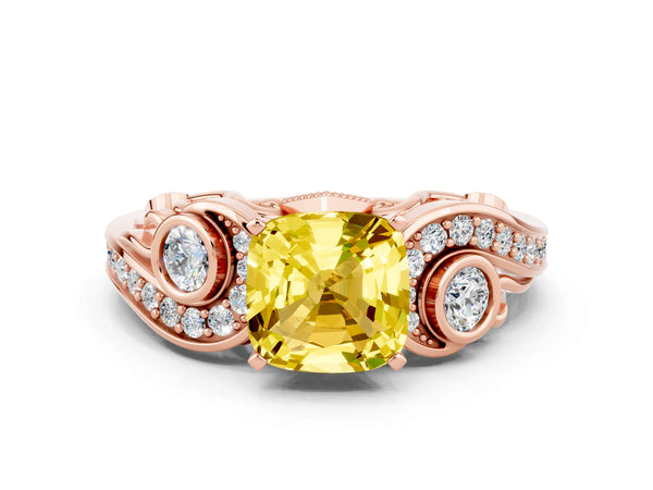 Rose gold Cushion Cut Yellow Sapphire Solitaire Ring with Milgrain Pavé Band and Four-Prong Setting