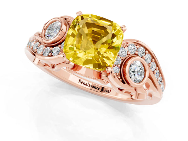 Rose gold Cushion Cut Yellow Sapphire Solitaire Ring with Milgrain Pavé Band and Four-Prong Setting