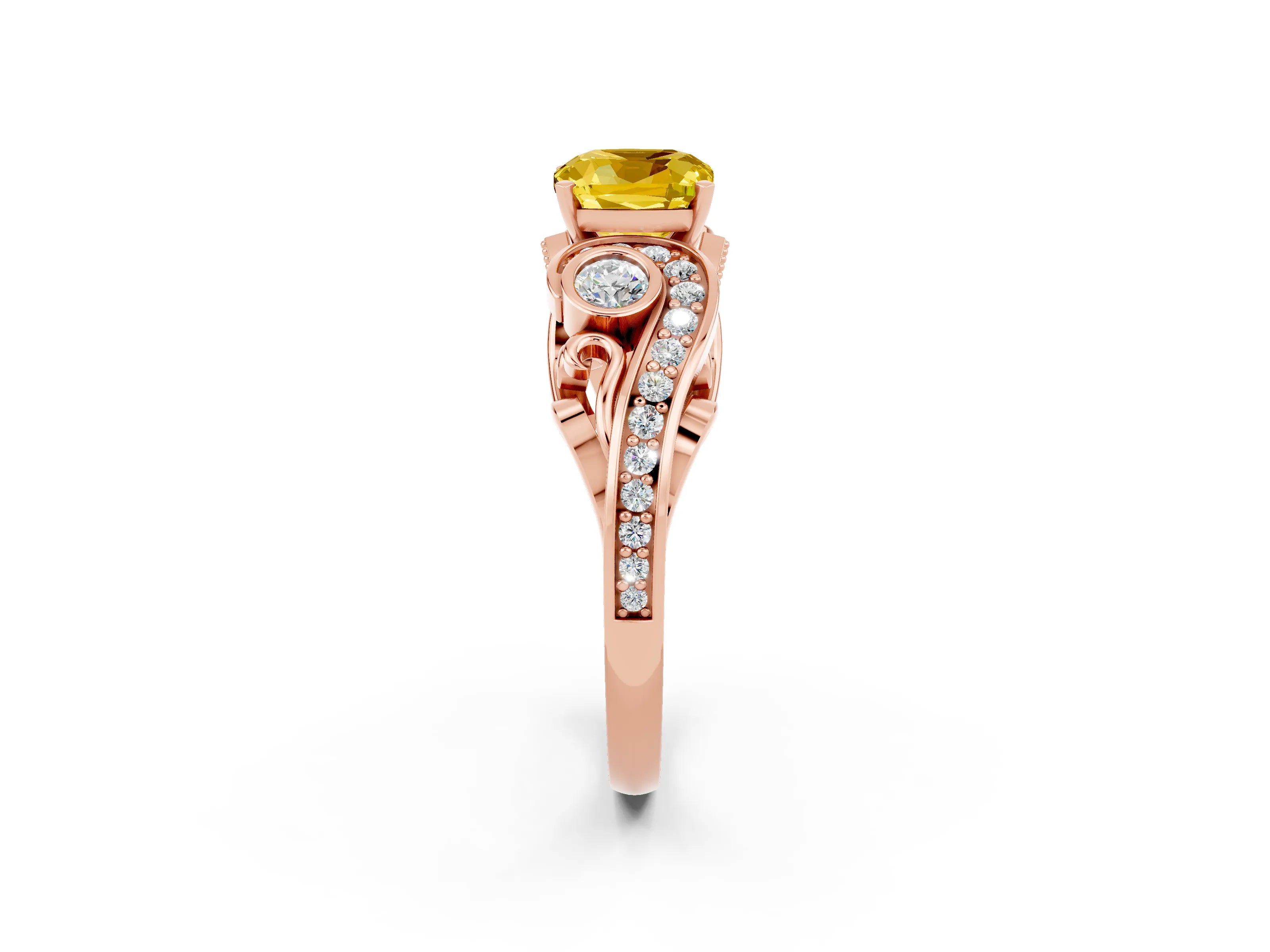 Rose gold Cushion Cut Yellow Sapphire Solitaire Ring with Milgrain Pavé Band and Four-Prong Setting_26