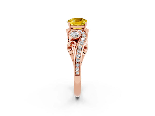 Rose gold Cushion Cut Yellow Sapphire Solitaire Ring with Milgrain Pavé Band and Four-Prong Setting