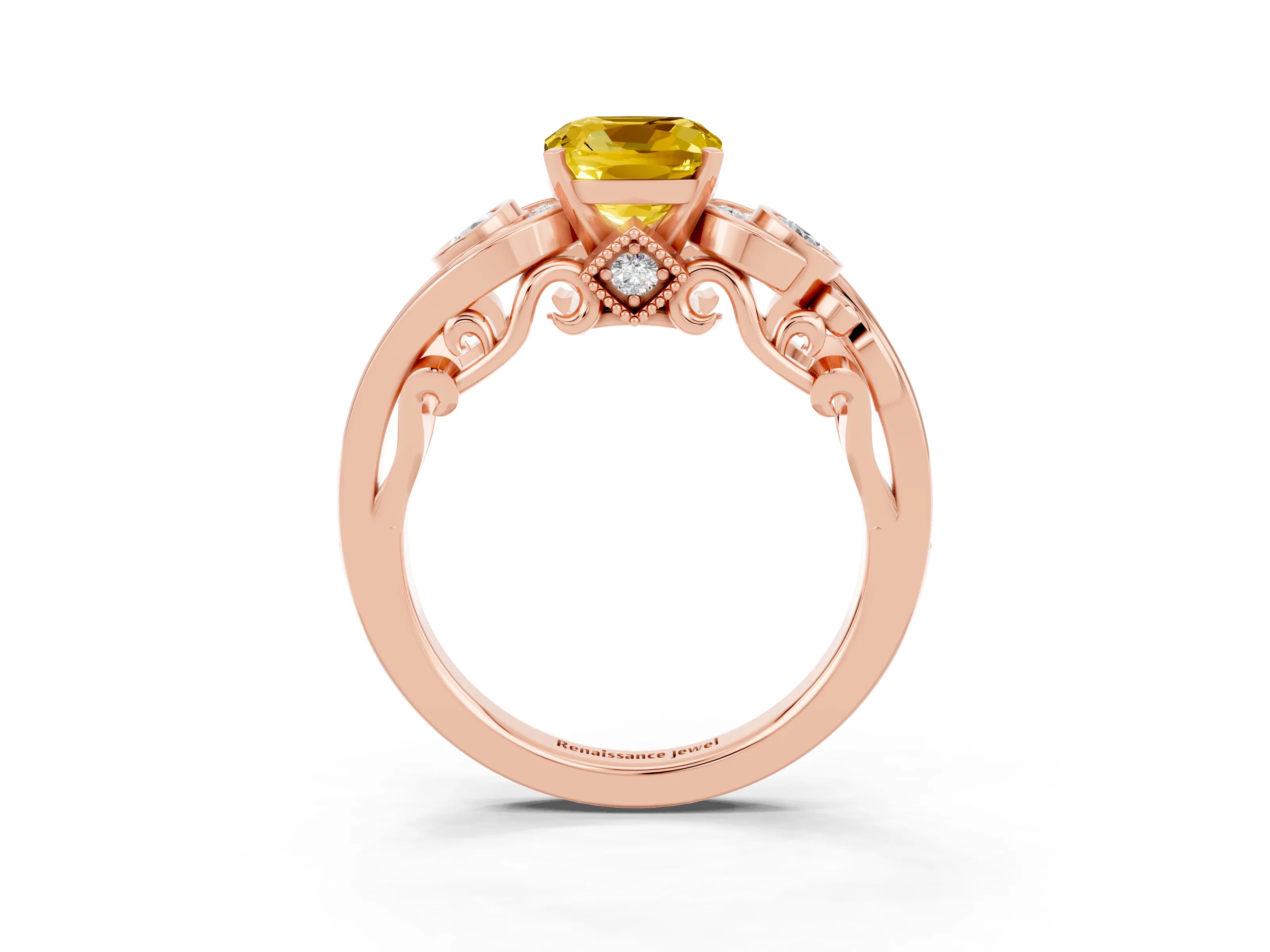 Rose gold Cushion Cut Yellow Sapphire Solitaire Ring with Milgrain Pavé Band and Four-Prong Setting_27