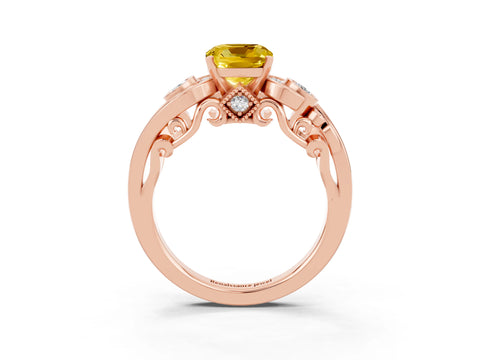 Rose gold Cushion Cut Yellow Sapphire Solitaire Ring with Milgrain Pavé Band and Four-Prong Setting_27