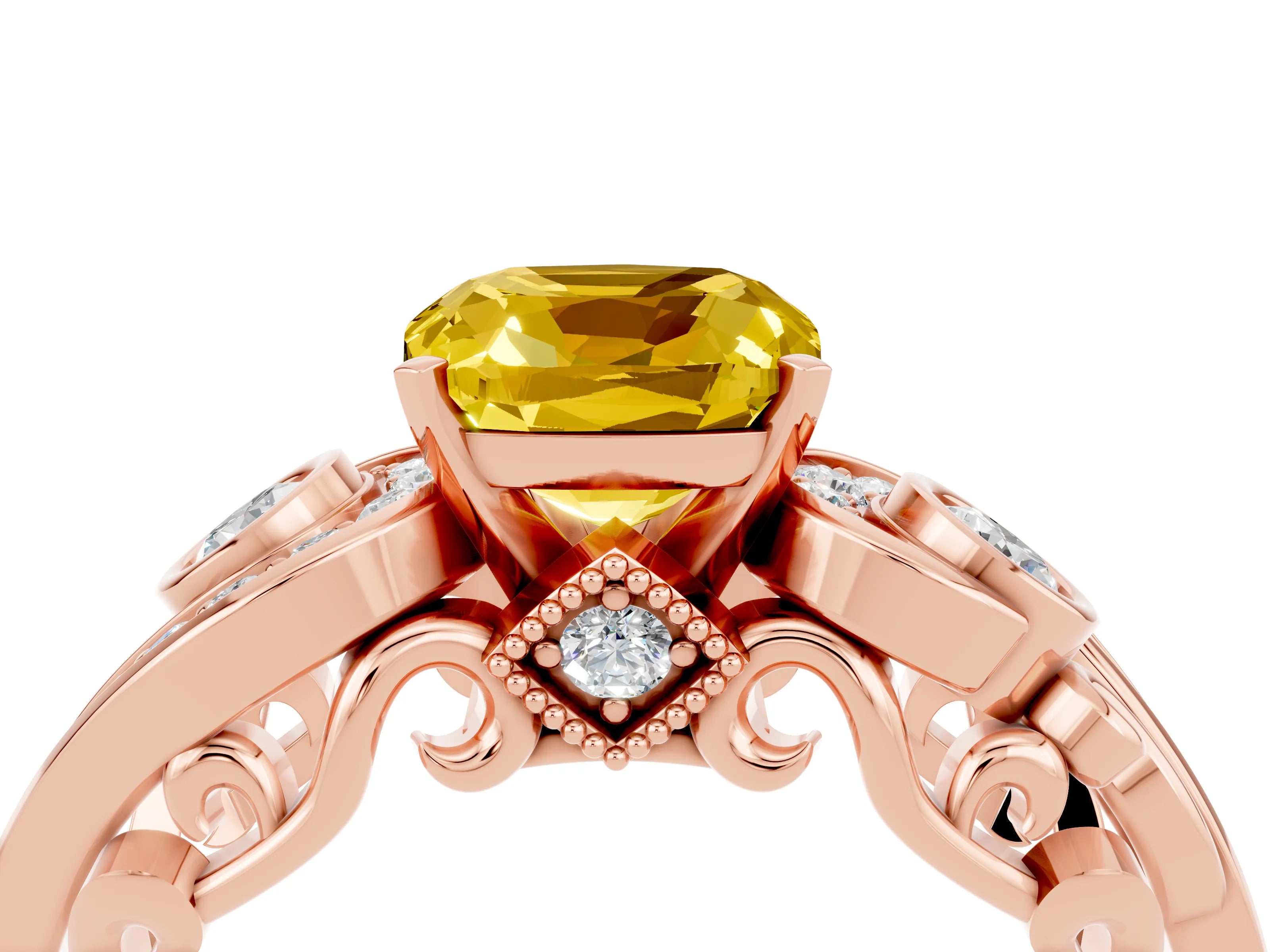Rose gold Cushion Cut Yellow Sapphire Solitaire Ring with Milgrain Pavé Band and Four-Prong Setting_28