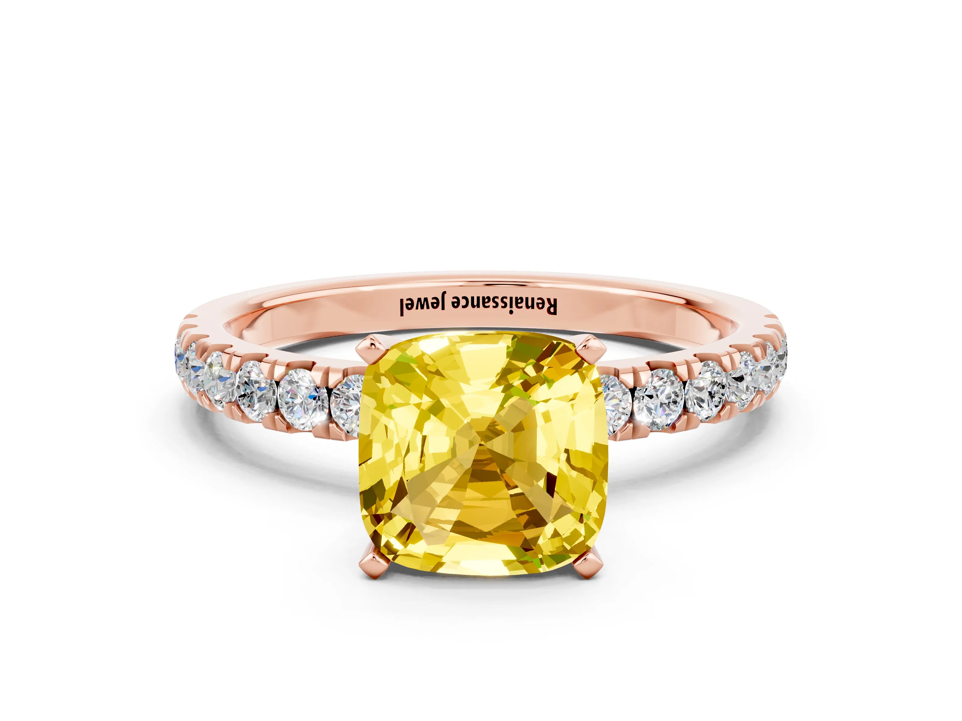 Rose gold Cushion Cut Yellow Sapphire Solitaire Ring with Pavé Accents and Four-Prong Setting_24