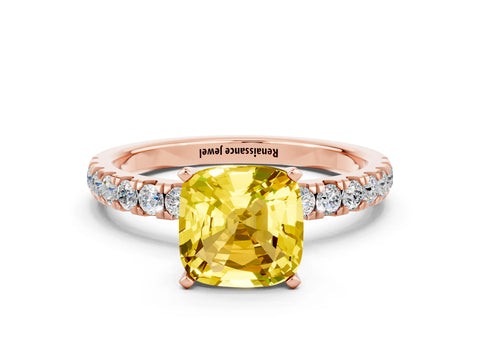Rose gold Cushion Cut Yellow Sapphire Solitaire Ring with Pavé Accents and Four-Prong Setting_24