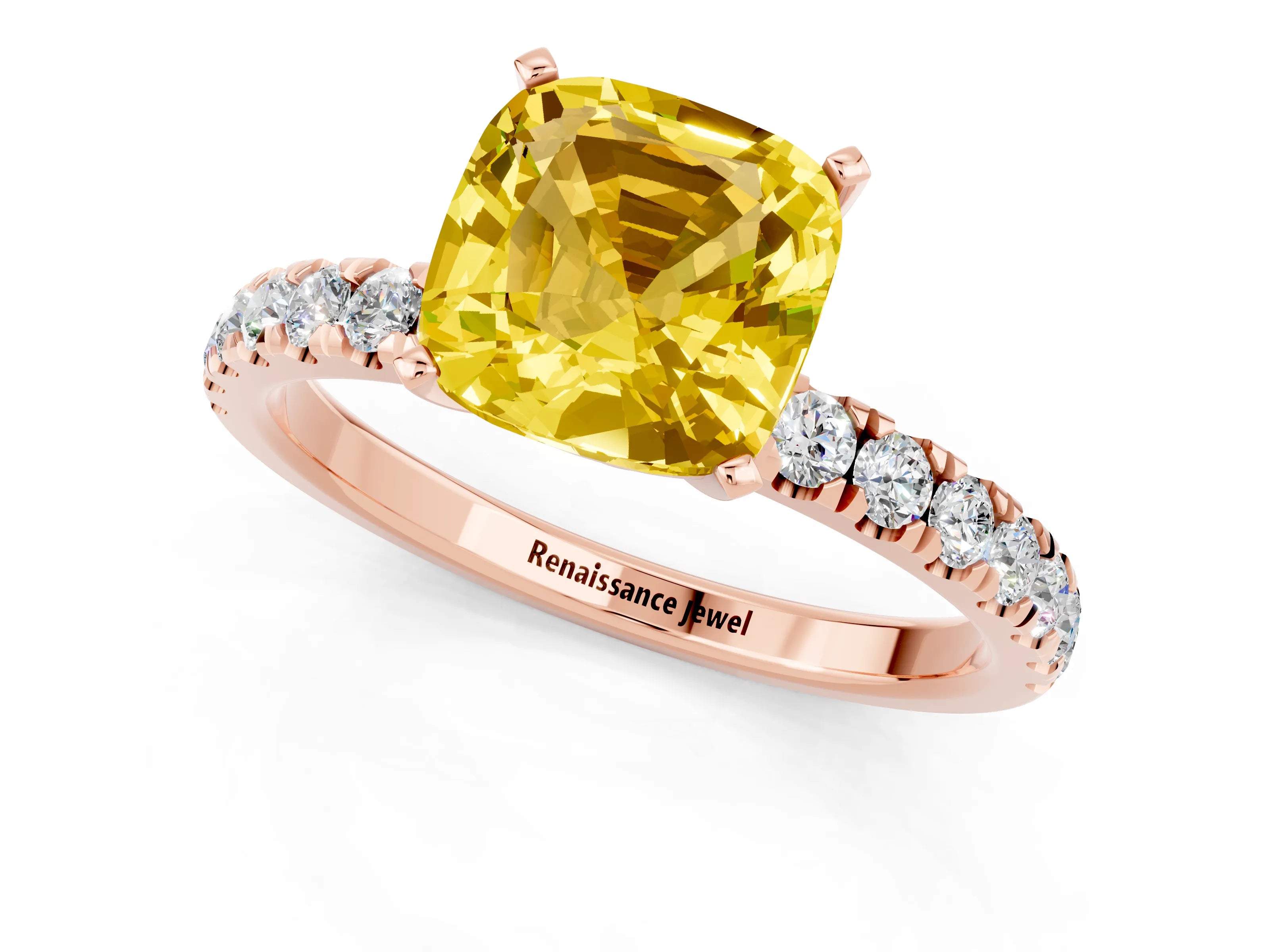 Rose gold Cushion Cut Yellow Sapphire Solitaire Ring with Pavé Accents and Four-Prong Setting_25